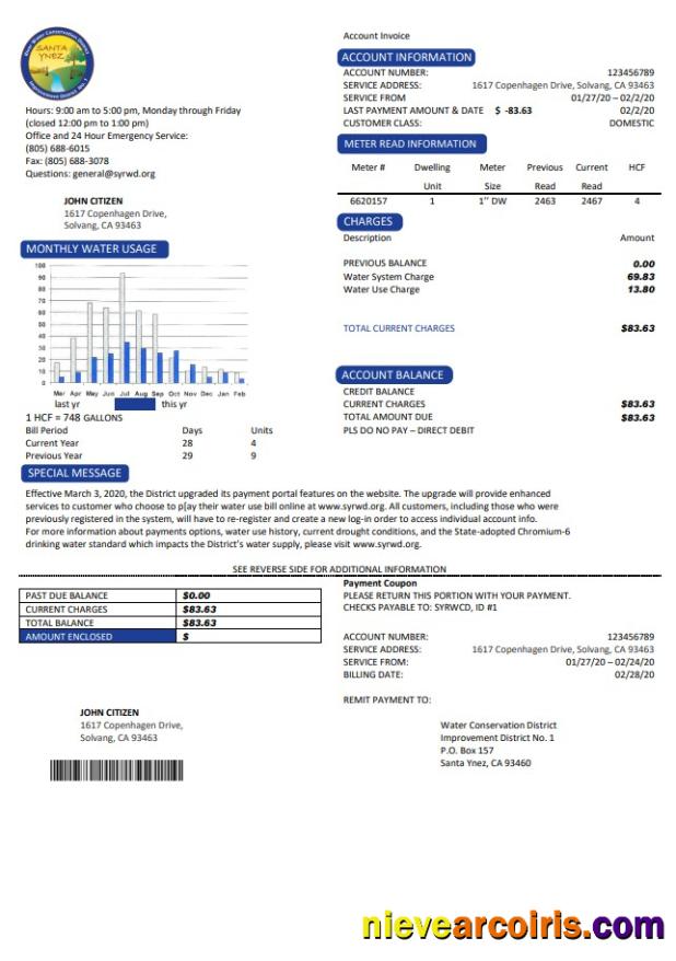 USA California Santa Ynez water utility bill